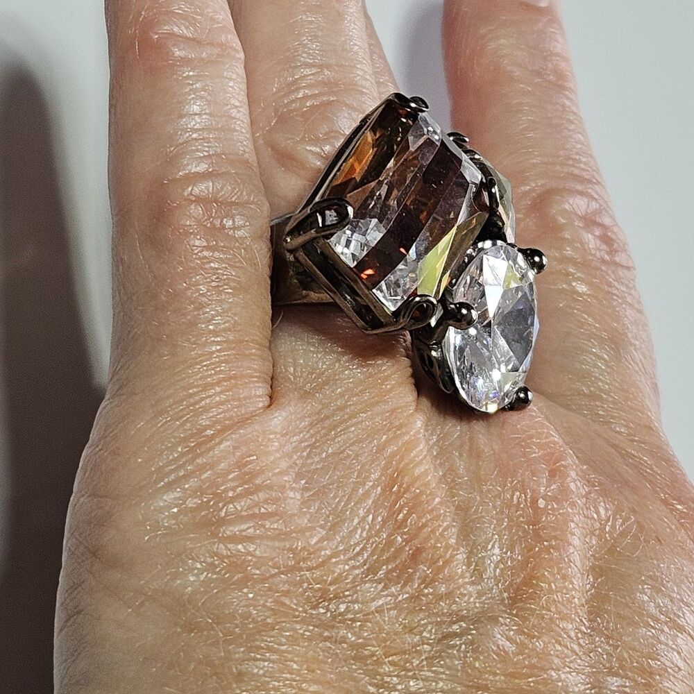 Henri Bendel Triple Crystal Cocktail Statement Bling Ring Size 7 - Picture 4 of 14